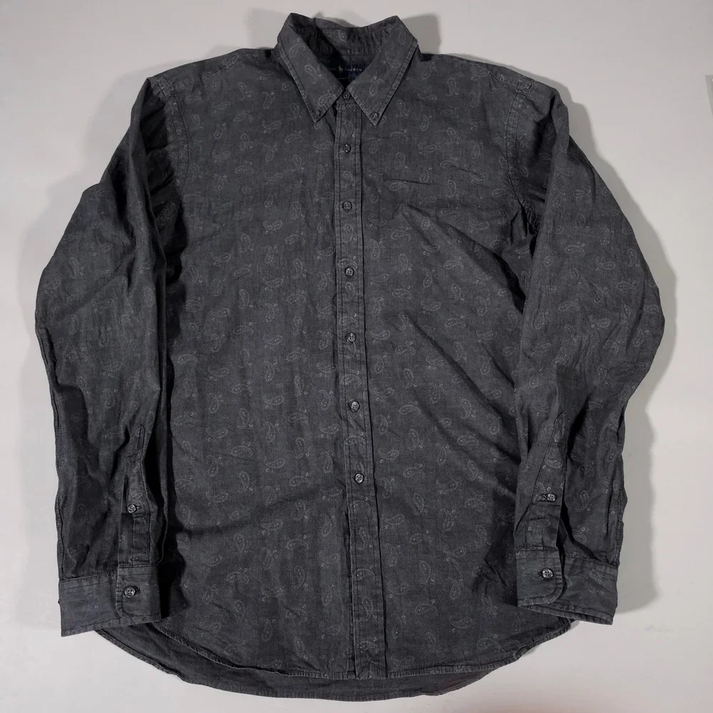 Ralph Lauren Button Down Shirt Mens XXL Grey Slim Fit Paisley Cotton Long Sleeve
